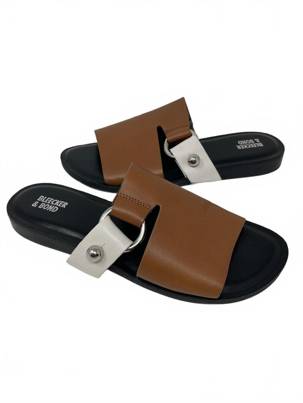 Bleecker & Bond Womens Leather Slide Sandals Tan Brown White Ring Hardware Shoes
